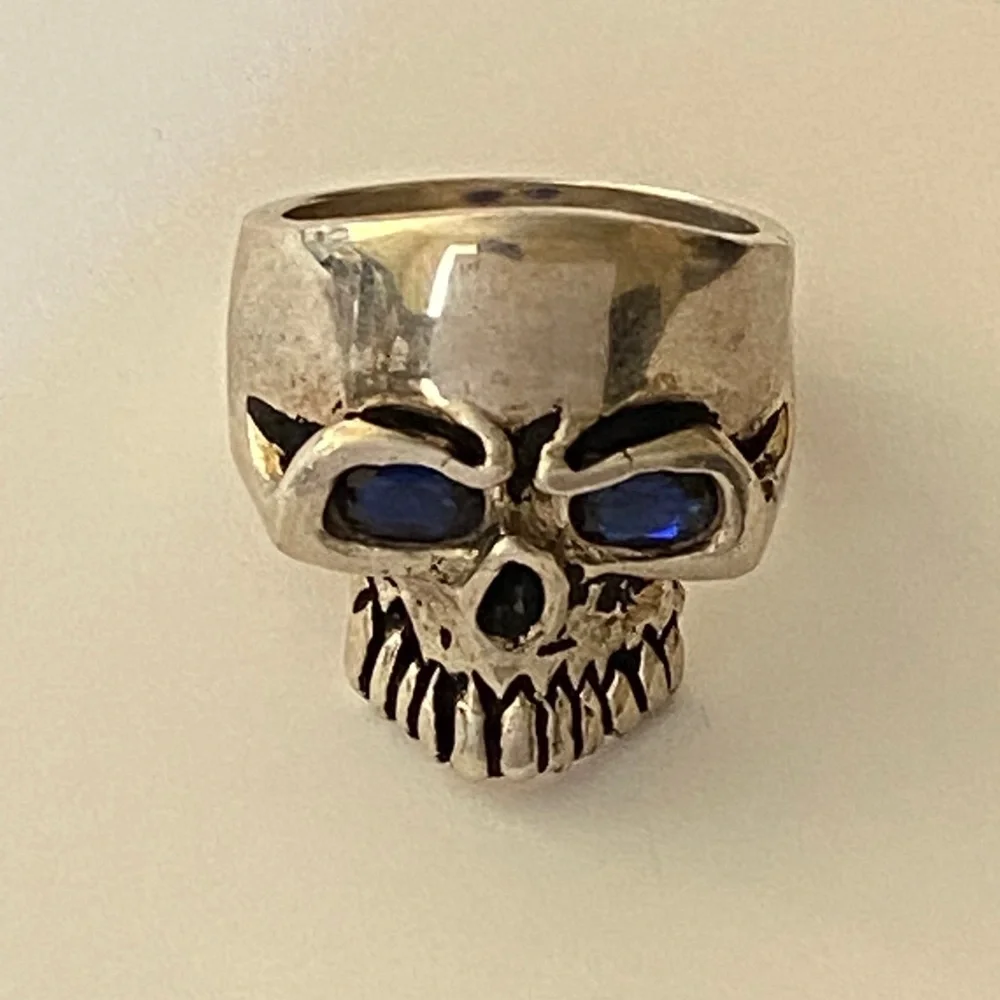 925 sterling silver skull biker ring blue cz stones eyes